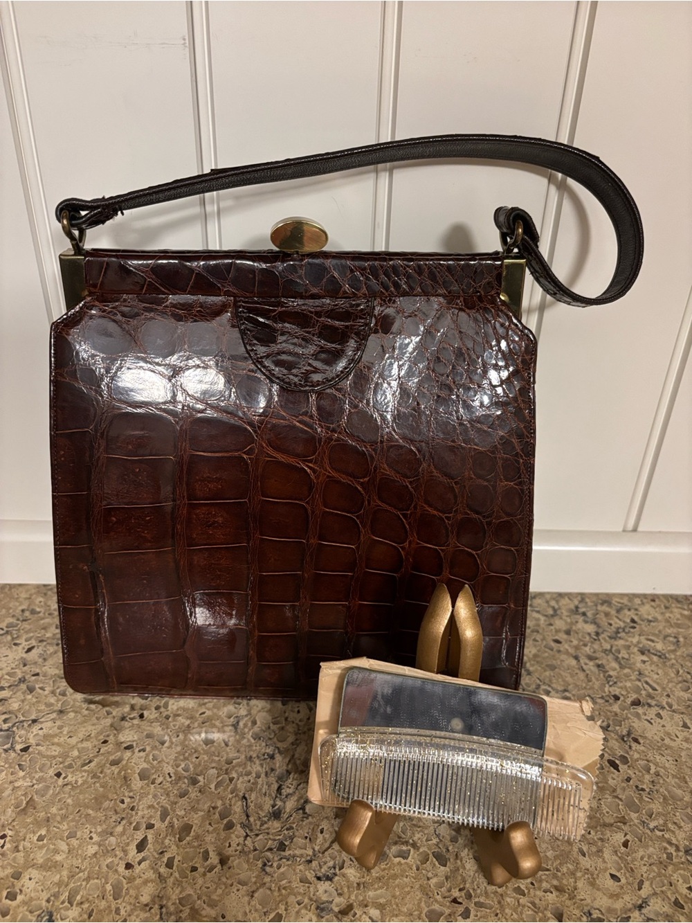 Vintage 1950s Dark Chocolate Alligator/ Croc-Embossed Leather Top-Handle Handbag